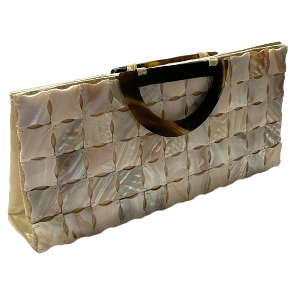 Vintage Mad Bags Mother of Pearl Tile Purse Handmade Faux Tortoise Shell Handles - Picture 2 of 7